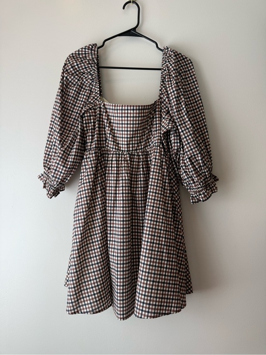 Storia Dresses & Skirts - Storia Plaid Puff-Sleeve Square Neck Mini Dress in Brown